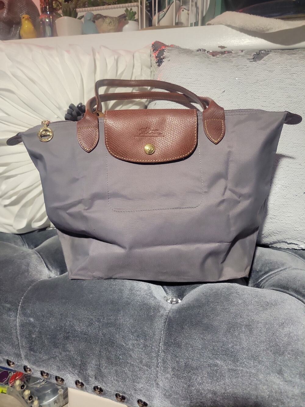 Longchamp Le Pliage Top Handle Tote Gray Nylon Brown Leather